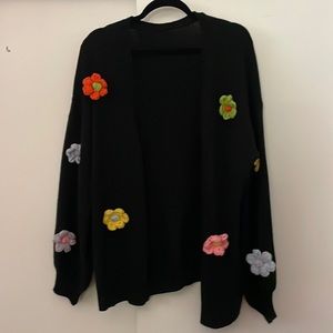 Black cardigan with crocheted Muti-colored flowers - Size 1XL